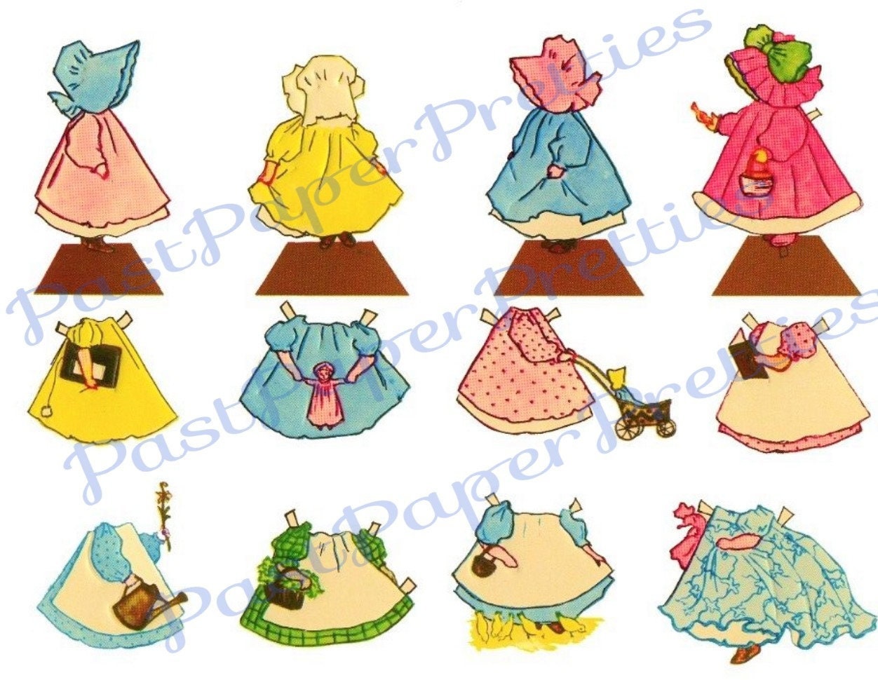 Vintage Printable Sunbonnet Sue Paper Dolls Stickers Collage Sue Instant Digital Download Kitsch Little Country Prairie Ladies Clip Art