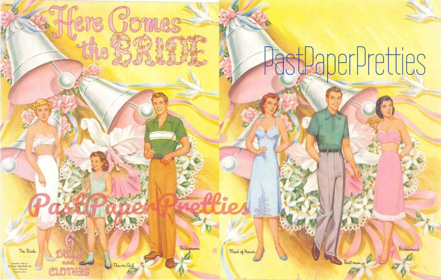 Vintage Paper Dolls Here Comes The Bride c. 1952 Printable PDF Instant Digital Download 6 Wedding Party Dolls Bride Groom Clip Art