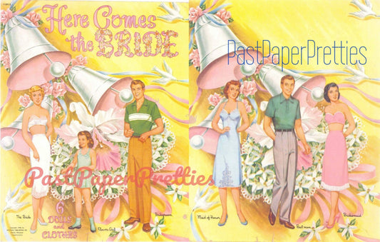 Vintage Paper Dolls Here Comes The Bride c. 1952 Printable PDF Instant Digital Download 6 Wedding Party Dolls Bride Groom Clip Art