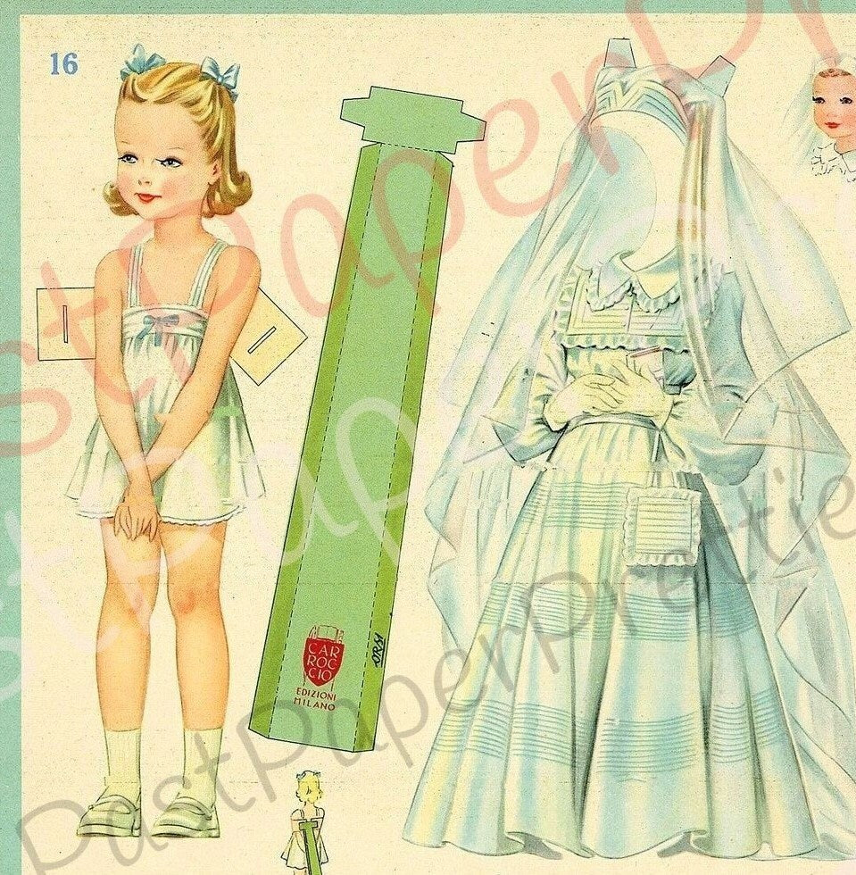 Vintage Italian Paper Dolls Little Catholic Girl First Communion c. 1939 Printable Collage Sheet Instant Digital Download Milan Italy