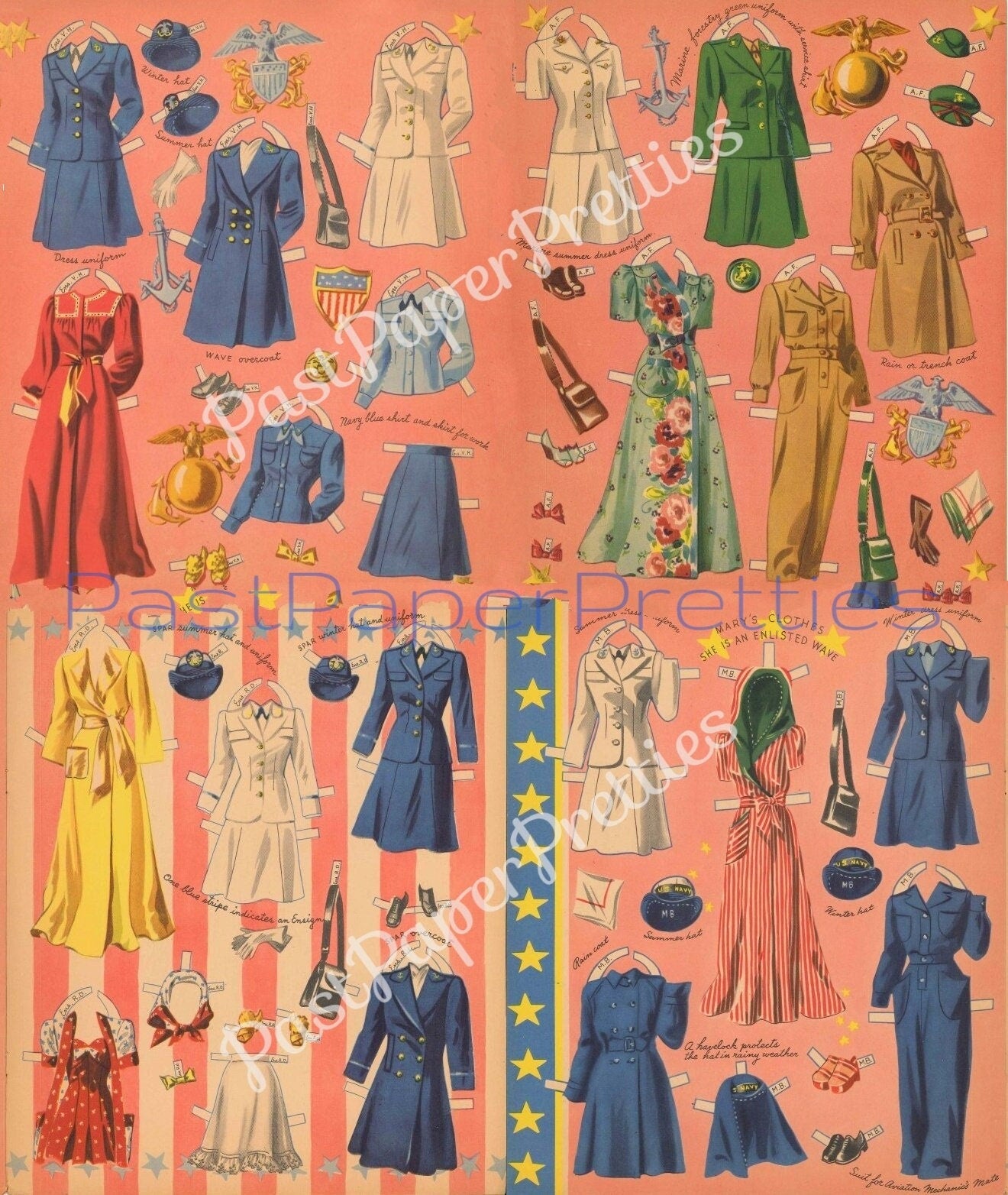 Vintage Paper Dolls Navy Girls and Marines 1943 Printable PDF Instant Digital Download 8 WWII Gals Wartime Era Ladies Clip Art