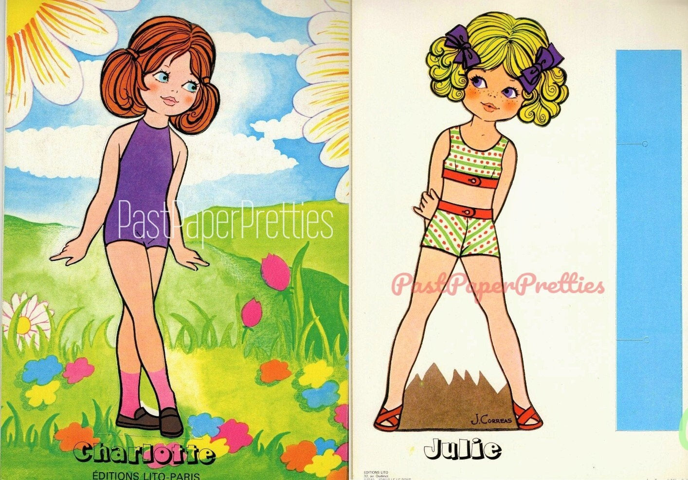 Vintage French Paper Dolls Charlotte et Julie c. 1970s Printable PDF Instant Digital Download Two Cute Kitsch Girls Friends Paris Clip Art