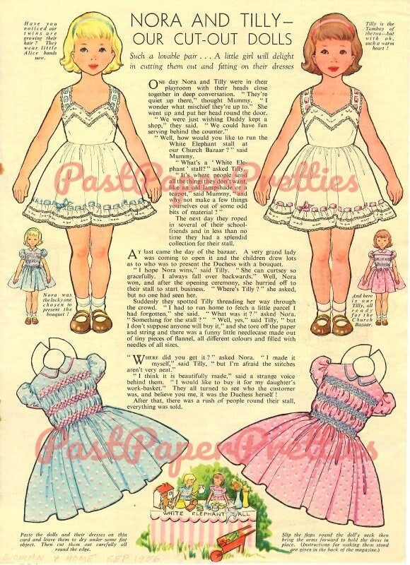 Vintage Paper Dolls Nora and Tilly c. 1956 Printable PDF Instant Digital Download Cute Girls Frilly Feminine Dresses Woman and Home Journal