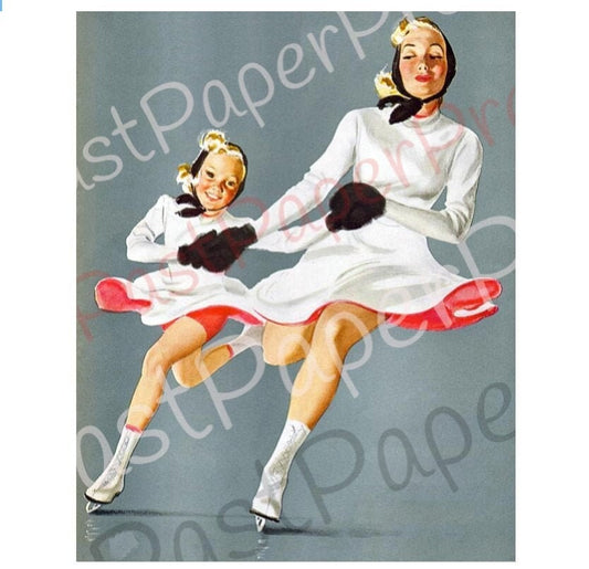 Vintage Printable Happy Mothers Day Pretty Mom and Daughter Ice Skating Image Instant Digital Download 1940s Mommy and Me Skaters Clipart