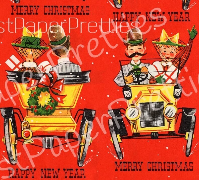 Vintage Printable Christmas Gift Wrap Old Fashioned Old Timey Victorian Couple Jalopy Retro Wrapping Paper Instant Digital Download