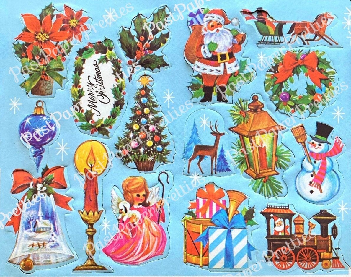 Vintage Printable Blue Christmas Gift Seals Stickers Cut Outs Collage Mid Century Kitsch PDF Instant Digital Download Kitschmas Clip Art 1