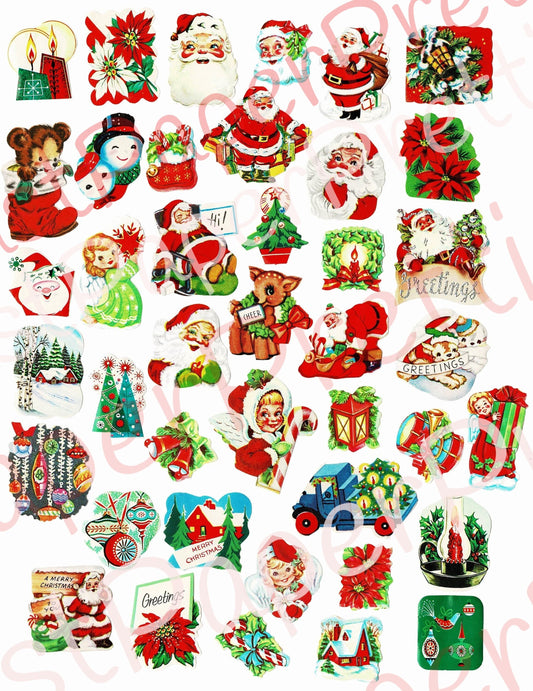 40 Vintage Printable Christmas Seals Stickers Collage Mid Century Kitsch Santa Angels Deer Instant Digital Download Holiday Clipart 300 dpi