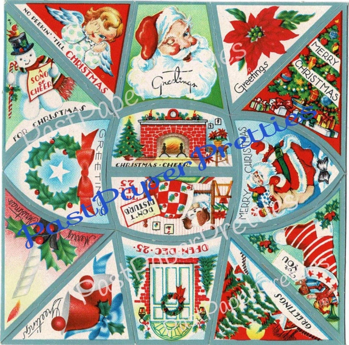 Vintage Printable Blue Christmas Gift Seals Stickers Cut Outs Collage PDF Instant Digital Download Mid Century Cute Kitsch Holiday Clip Art