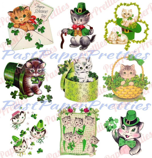 9 Vintage St. Patricks Day Card Images Cute Kitty Cats Collage Sheet All Kitties Printable Instant Digital Download PNG JPEG