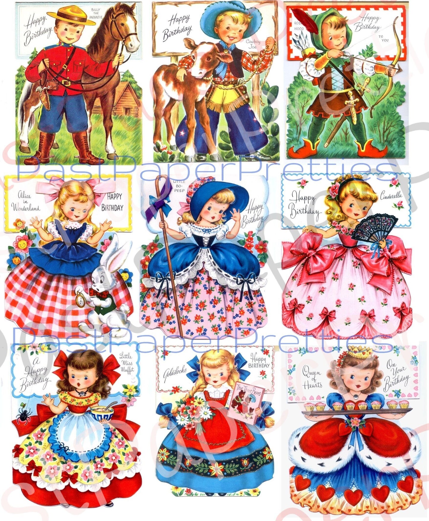 Vintage Printable Storybook Girls Boys Greeting Cards Collage Sheet PDF Instant Digital Kitsch Fairy Tale Birthday Card Images 300 dpi