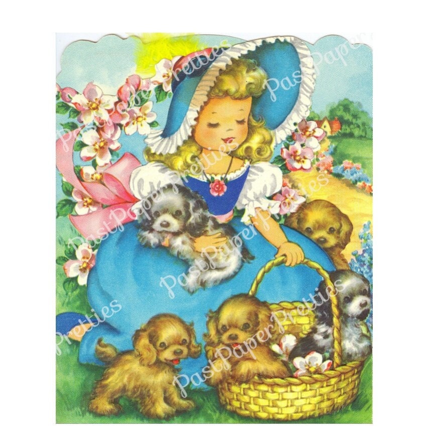 Vintage Printable Pretty Girl In Blue & A Basketful of Puppies Card Image c. 1940s Instant Digital Download Cute Kitsch Clip Art Mothers Day