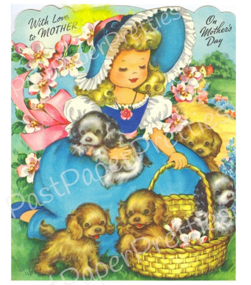 Vintage Printable Pretty Girl In Blue & A Basketful of Puppies Card Image c. 1940s Instant Digital Download Cute Kitsch Clip Art Mothers Day