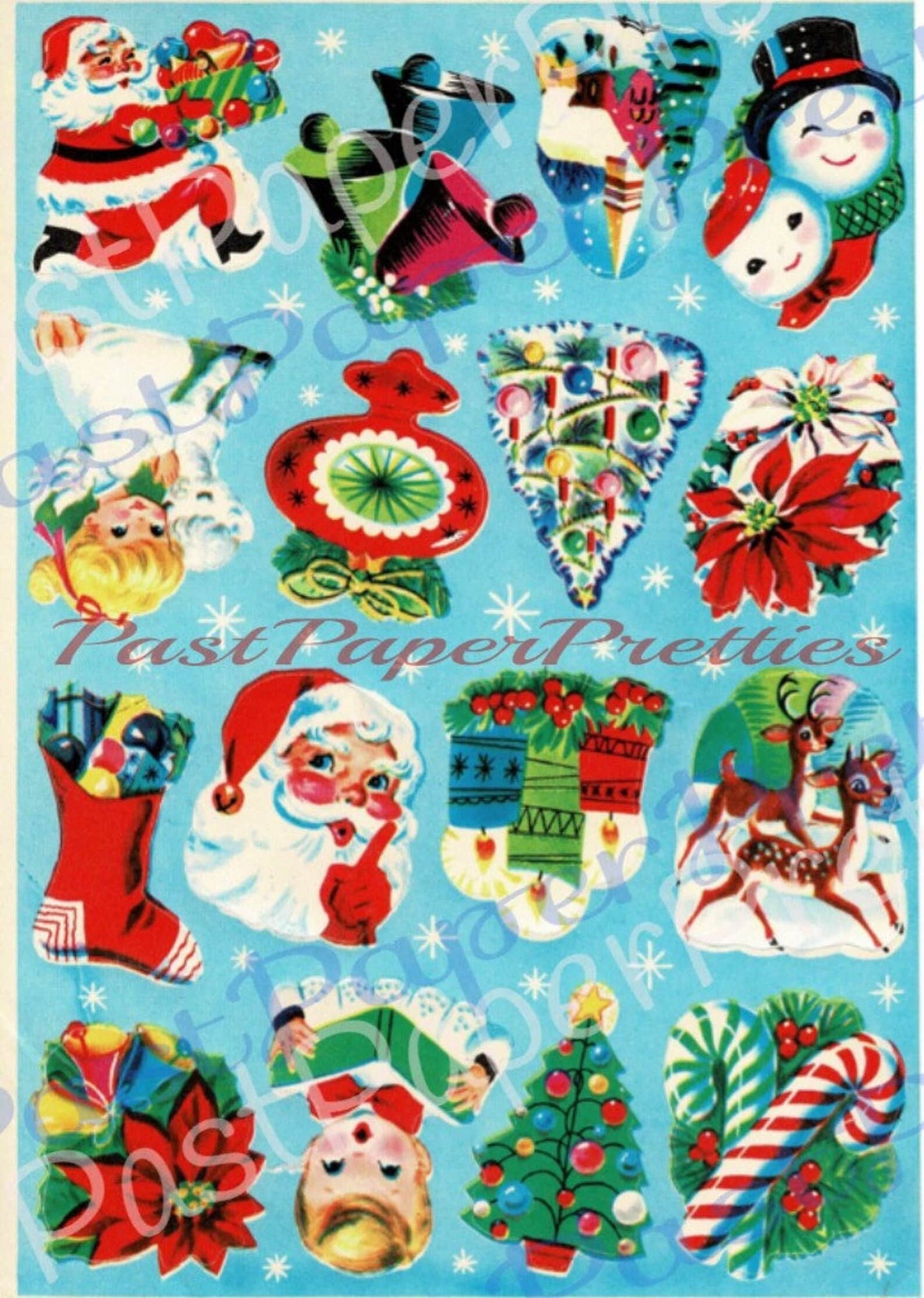 Vintage Printable Blue Christmas Gift Seals Stickers Cut Outs Collage PDF Instant Digital Download Mid Century Cute Kitsch Holiday Clip Art