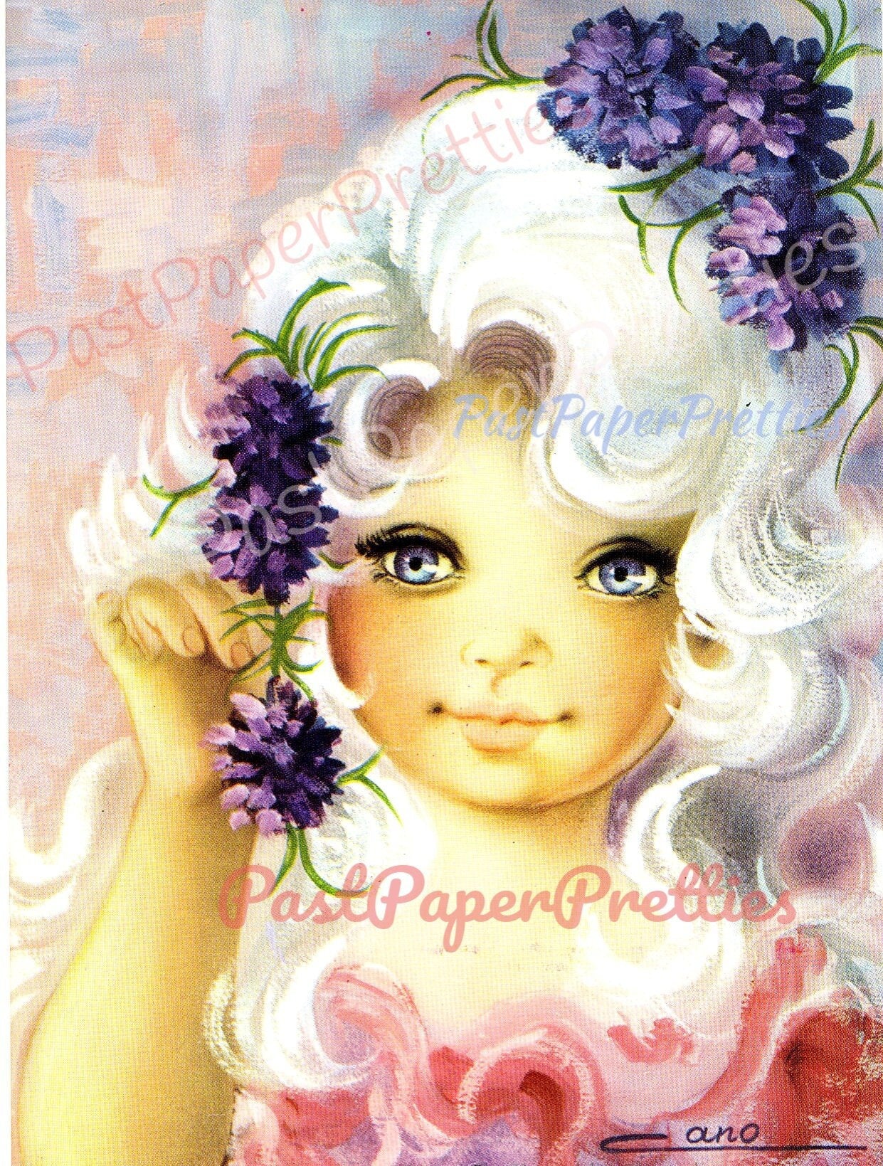 Vintage Printable Beautiful Big Eyed Girls Romantic Flowers 1970s Postcard Images Instant Digital Download Kawaii Glamour Girls 600 dpi