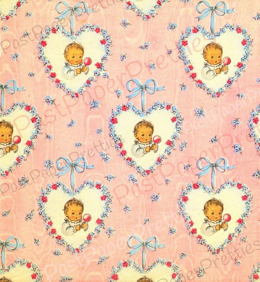 Vintage Printable Gift Wrap Kitsch Baby Girl in Flower Hearts Image Instant Digital Download Cute New Baby Shower Wrapping Paper