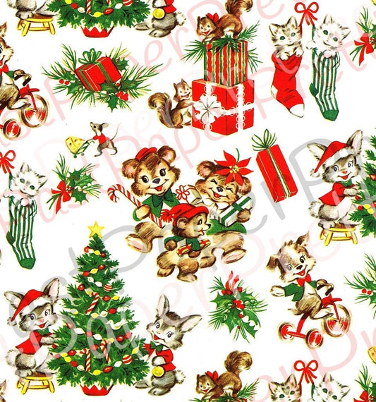 Vintage Printable Christmas Gift Wrap Cute Holiday Animals Retro Wrapping Paper Collage Sheet Instant Digital Download