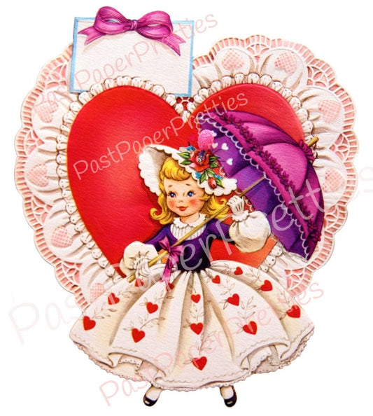 Vintage Printable Valentine Card Image Cute Retro Miss Valentine Pretty Parasol Girl 1940s Instant Digital Download 300 dpi