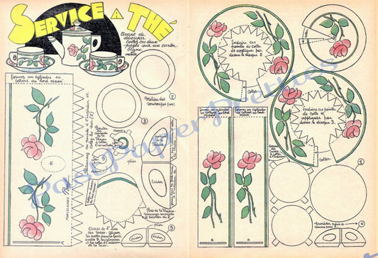 Vintage Printable Paper Tea Service Set Cut Out And Assemble Instant Digital Download Antique Rose Flower Teapot Cups Saucers