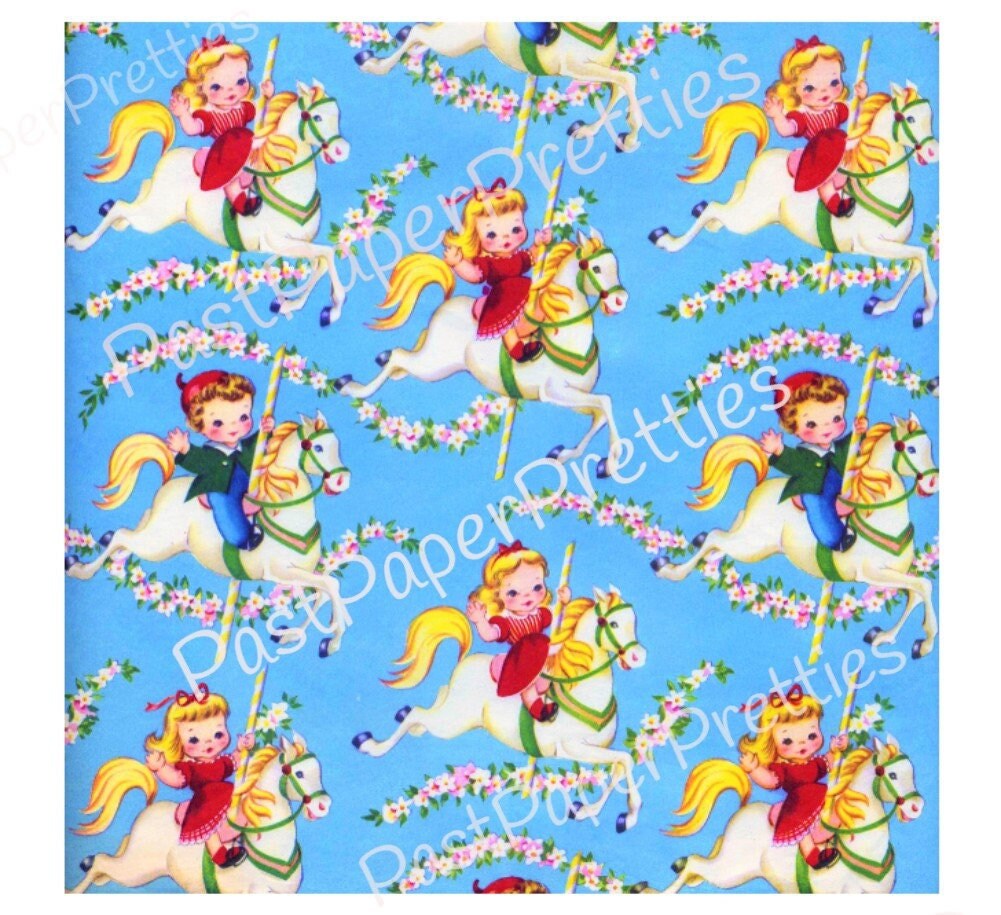 Vintage Printable Gift Wrap Kitsch Cute Carousel Horse Kids Image Instant Digital Download Kawaii Girls Boys Wrapping Paper Clip Art