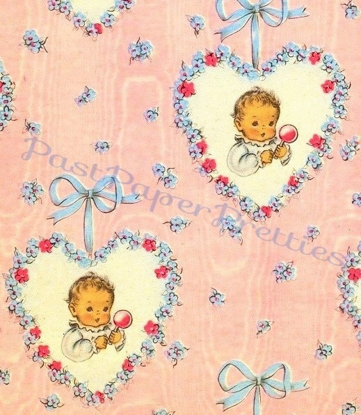 Vintage Printable Gift Wrap Kitsch Baby Girl in Flower Hearts Image Instant Digital Download Cute New Baby Shower Wrapping Paper