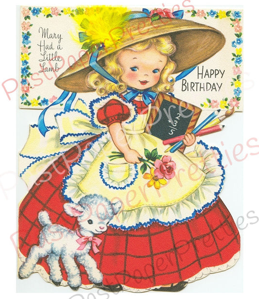 Vintage Printable Mary Had a Little Lamb Happy Birthday Greeting Card Image Instant Digital Download Kitsch Cute Pretty Girl Clip Art