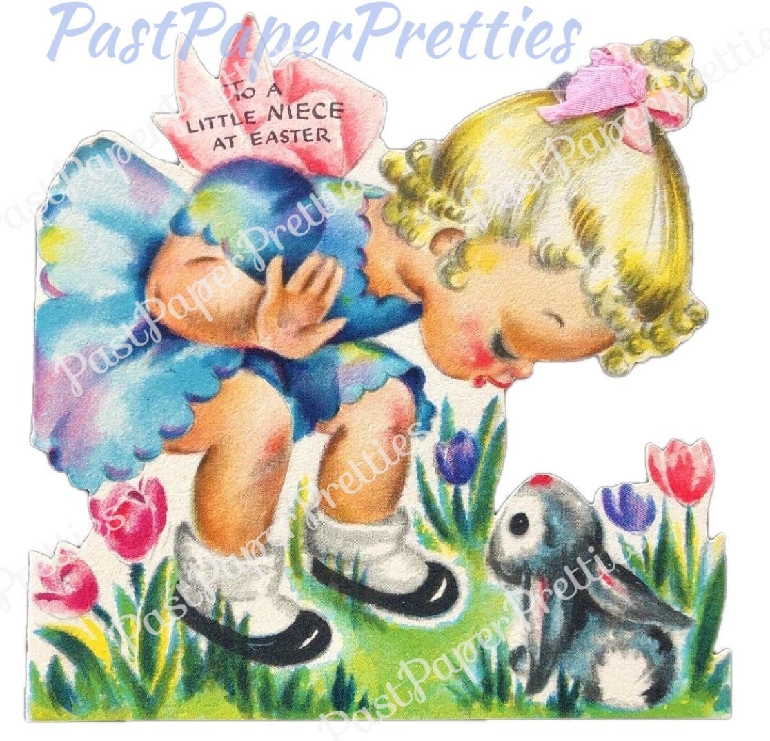 Vintage Printable Sweet Retro Little Easter Girl and Bunny Card Image c. 1940s Instant Digital Download Niece Easter JPEG PNG 300 dpi