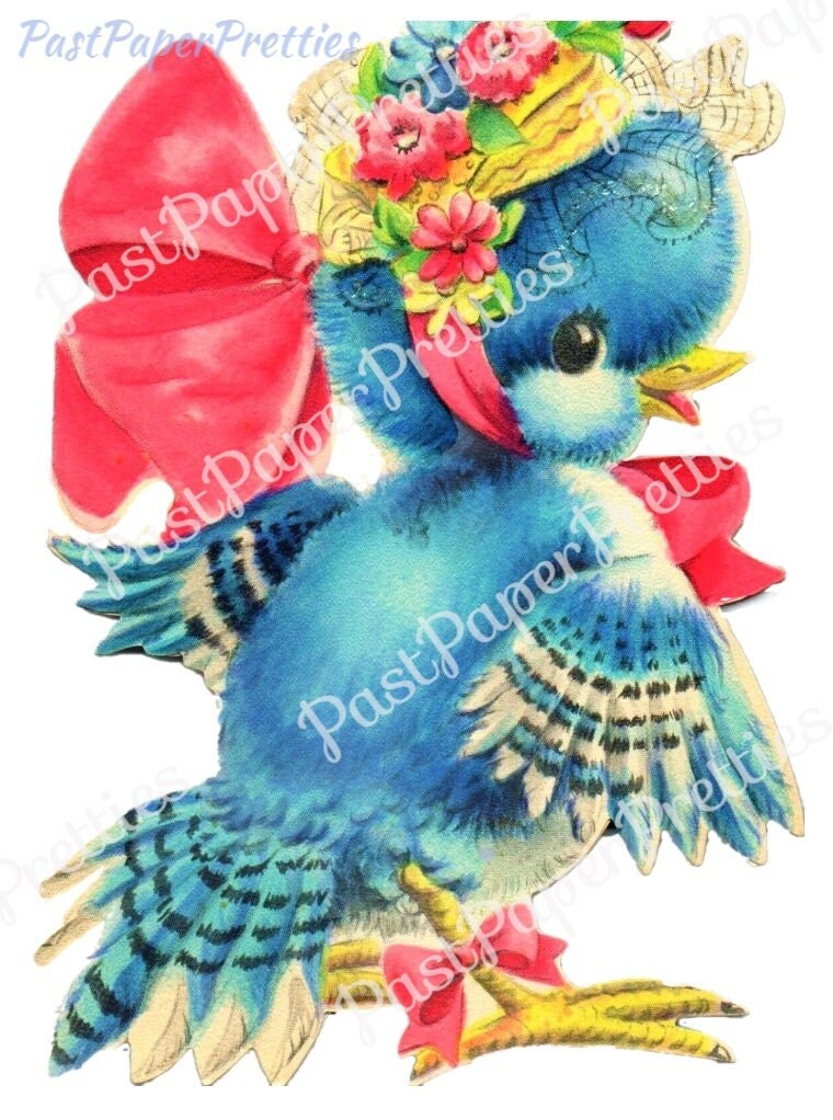 Vintage Printable Pretty Blue Jay Bird with Flower Hat Card Image Retro 1940s Instant Digital Download Kawaii Birdie Happy Birthday Clip Art