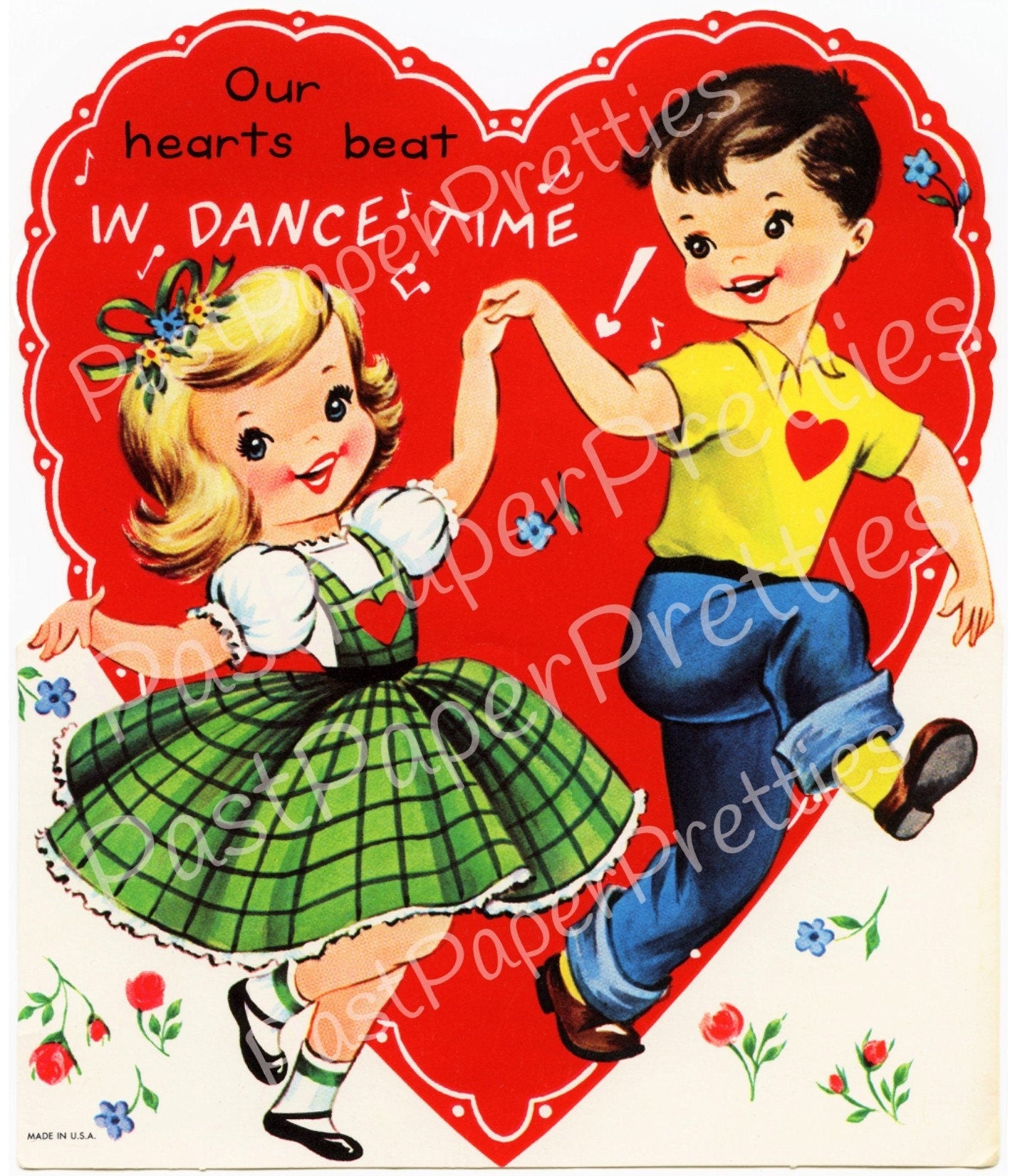 Vintage Printable Valentine Card Image Cute Dancing Girl and Boy 1960s Instant Digital Download Kitsch Children Clip Art 300 dpi