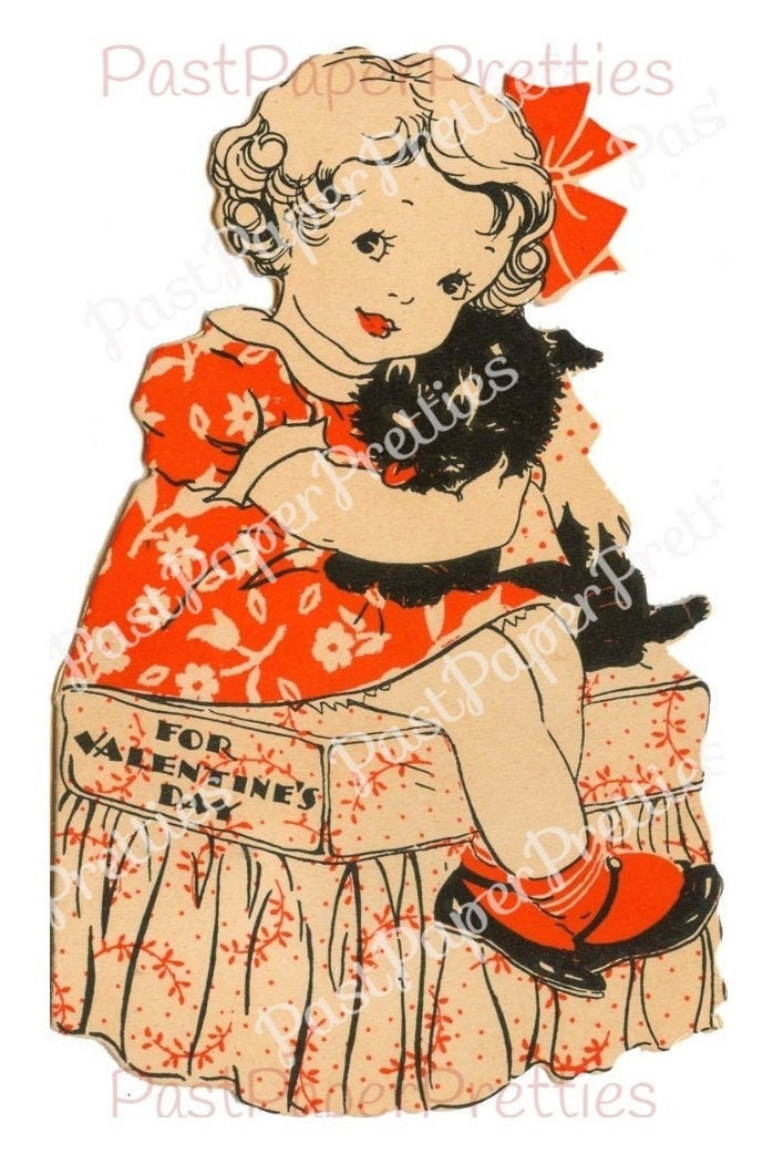 Vintage Antique Printable Valentine Girl with Scottie Dog Art Deco Card Image c. 1930s Instant Digital Download 300 dpi