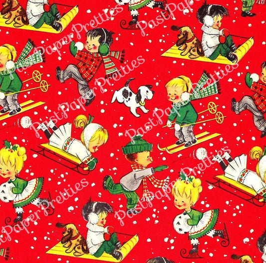 Vintage Printable Christmas Gift Wrap Cute Children at Play Red Retro MCM Wrapping Paper Collage Sheet Instant Digital Download