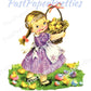 Vintage Printable Easter Clipart Cute Pigtailed Little Girl Basket of Chicks Card Image c. 1950s Instant Digital Download 300 dpi JPEG PNG