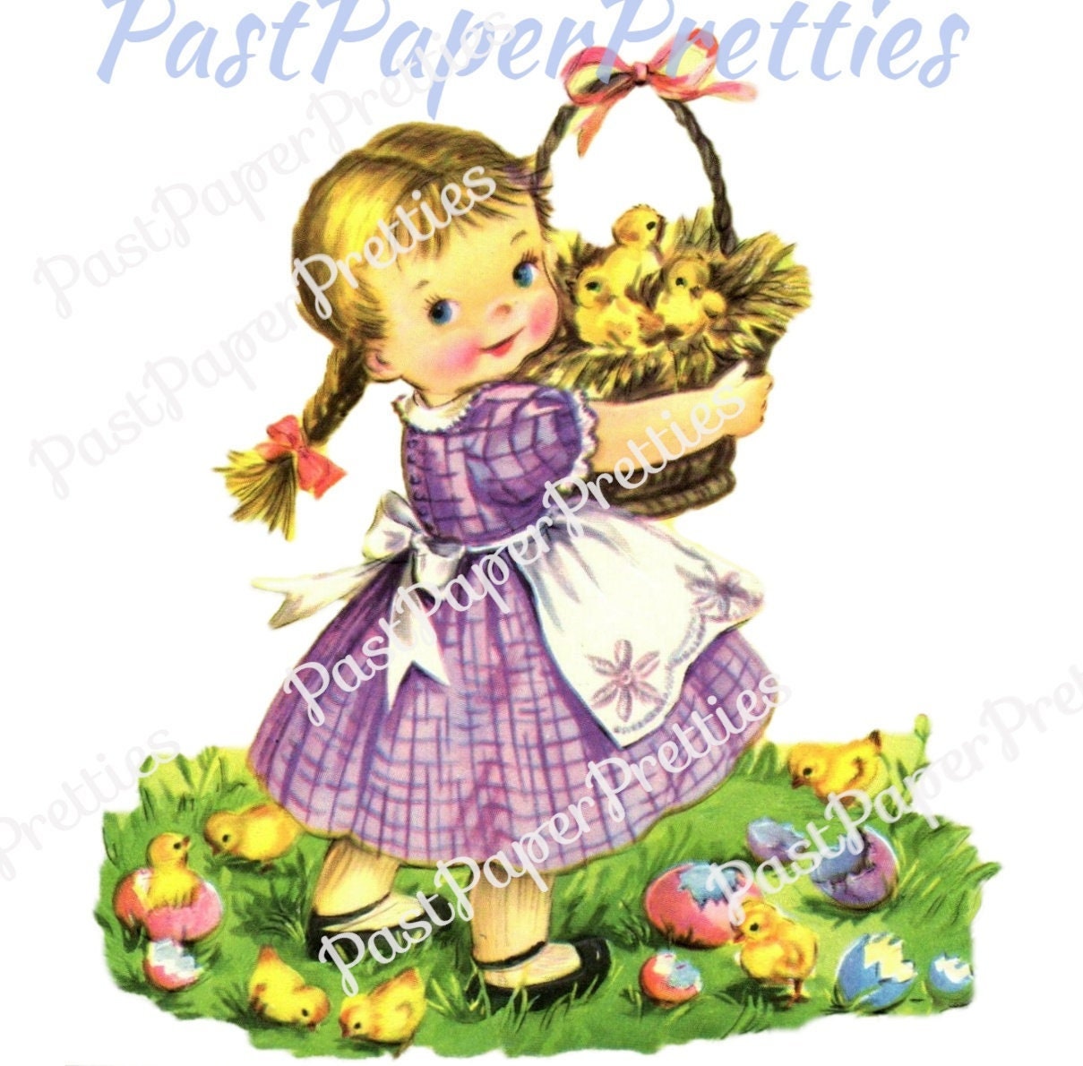 Vintage Printable Easter Clipart Cute Pigtailed Little Girl Basket of Chicks Card Image c. 1950s Instant Digital Download 300 dpi JPEG PNG