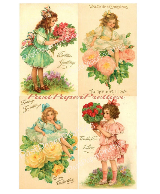 Vintage Pretty Victorian Valentine Girls Flowers Postcard Images Printable Instant Digital Download Lovely Little Edwardian Ladies Clip Art