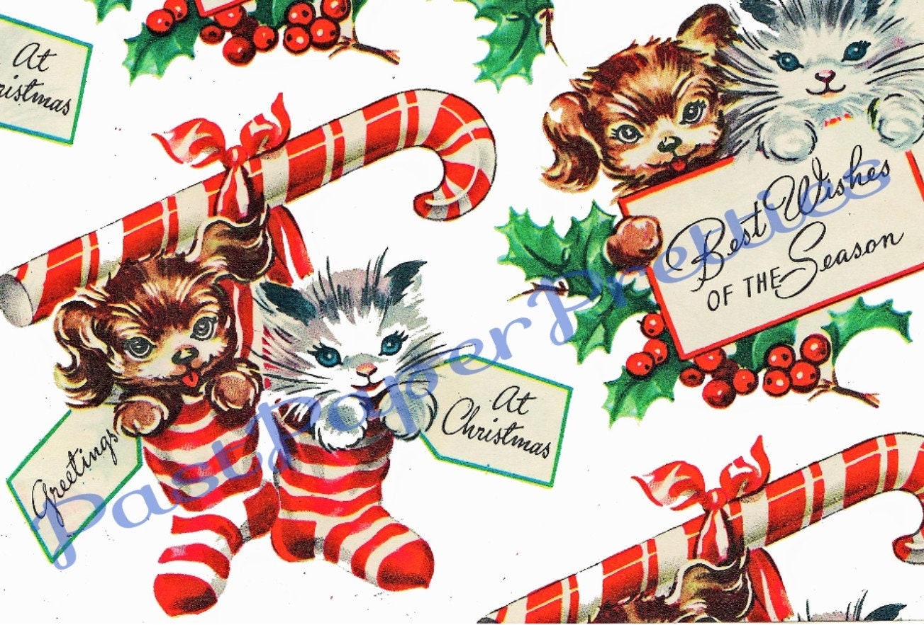 Vintage Retro Printable Gift Wrap Cute Puppies Kittens  Christmas Stocking Collage Sheet Instant Digital Download Kitsch Wrapping Paper