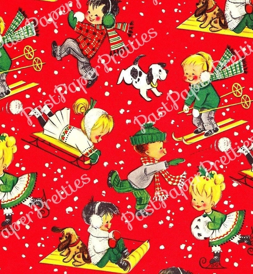 Vintage Printable Christmas Gift Wrap Cute Children at Play Red Retro MCM Wrapping Paper Collage Sheet Instant Digital Download