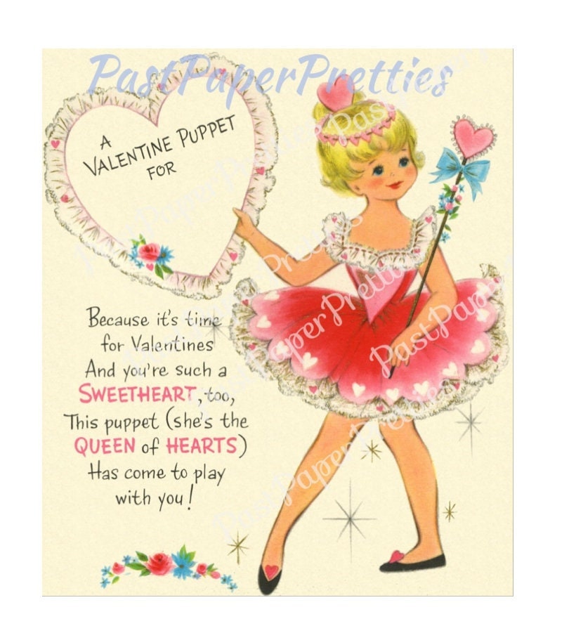 Vintage Valentine Paper Doll Ballerina Folded Printable Card c. 1960s PDF Instant Digital Download Pretty Ballet Puppet Doll and her Clothes