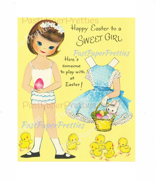 Vintage Easter Paper Doll Sweet Little Brunette Girl and her Wardrobe Folded Printable Card c. 1960s PDF Instant Digital Download JPEGs