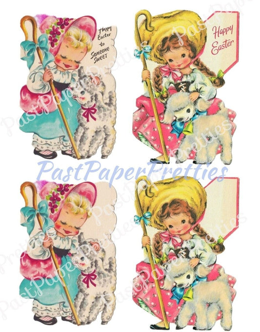 Vintage Printable Easter Card Cute Little Bo Peep Girls with Lambs Adorable Collage Images PDF Instant Digital Download JPEG PNG Clipart