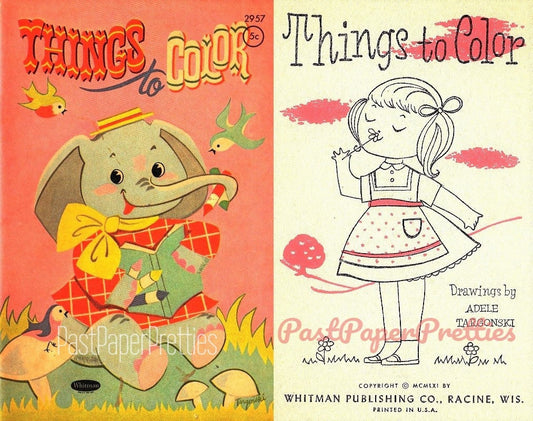 Vintage Printable Coloring Book Things To Color c. 1961 PDF Instant Digital Download Kitsch Cute Children Animals Objects 40 Pages