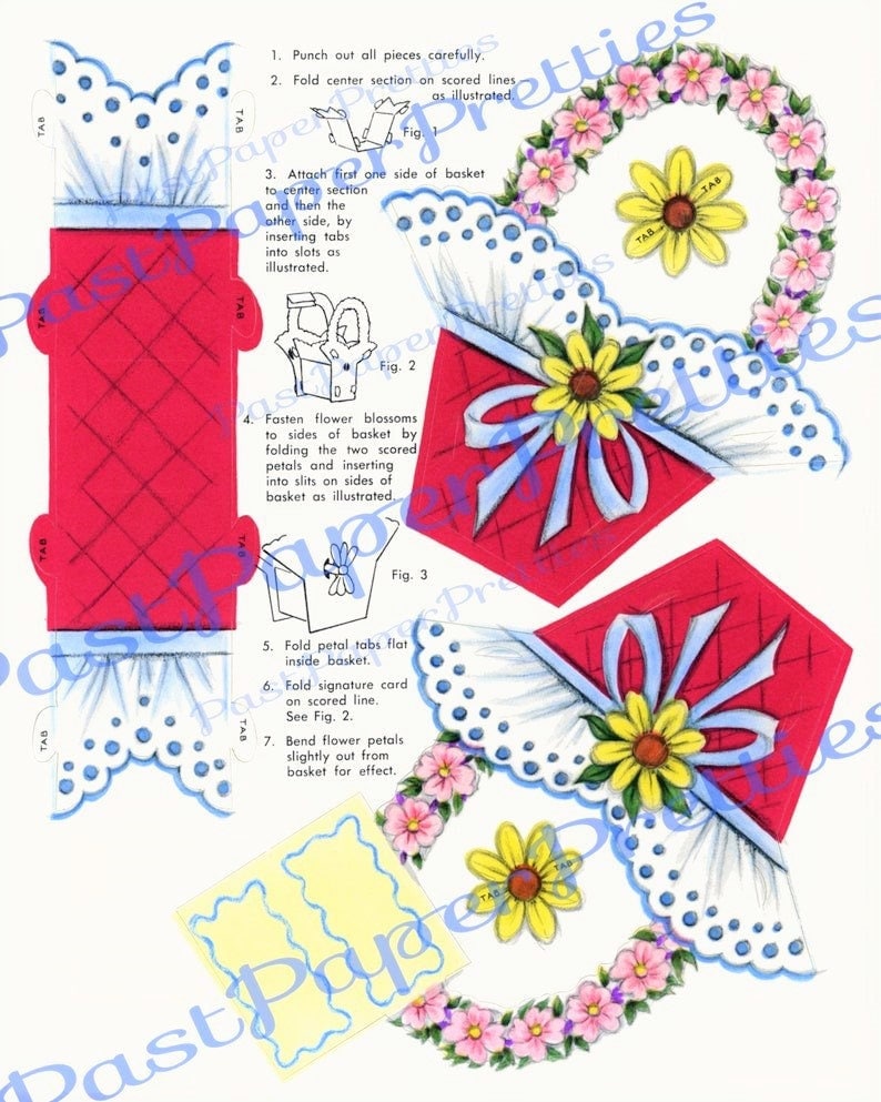 Vintage Printable May Day Easter Flower Baskets c. 1954 PDF Instant Digital Download Cut Out and Assemble Paper Spring Baskets SET ONE