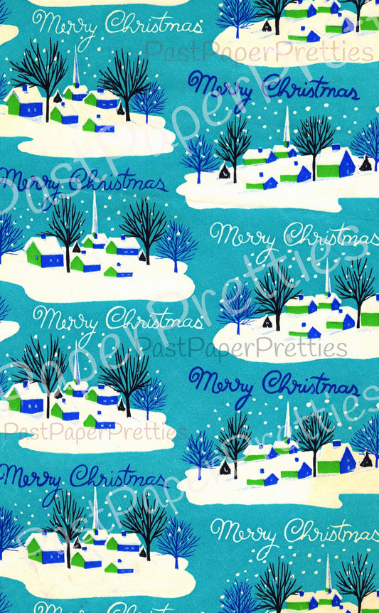 Vintage Printable Merry Christmas Gift Wrap Blue Holiday Village Scene Wrapping Paper Instant Digital Download Retro Xmas Clip Art