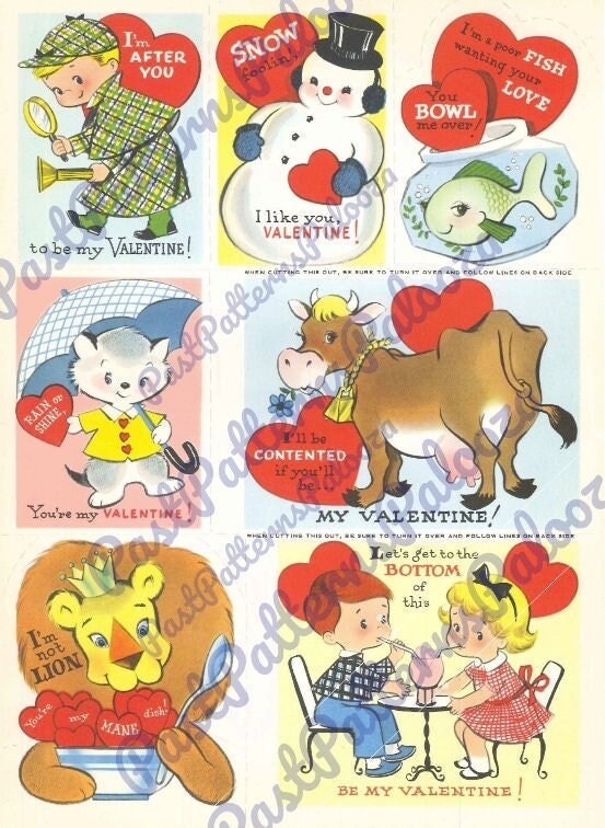 Printable Vintage 1960s Valentines Day Cards Cute Kitsch Boys Girls Anthropomorphic Animals PDF Instant Digital Download Clip Art 36 Designs