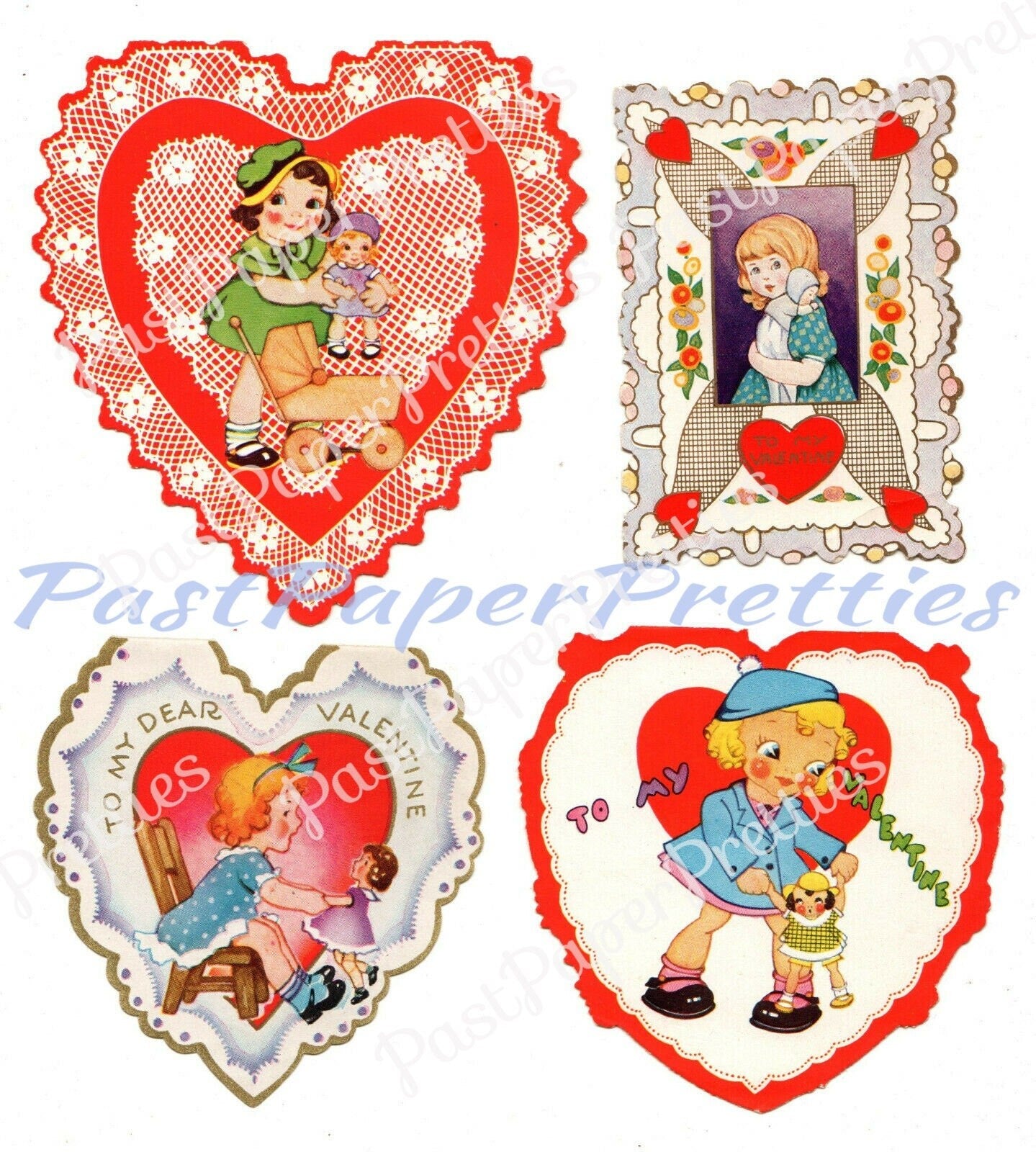 Vintage Printable Valentines Day Cards 4 Little Girls and Their Dolls Collage Sheet PDF Instant Digital Download 300 dpi JPEG PNG