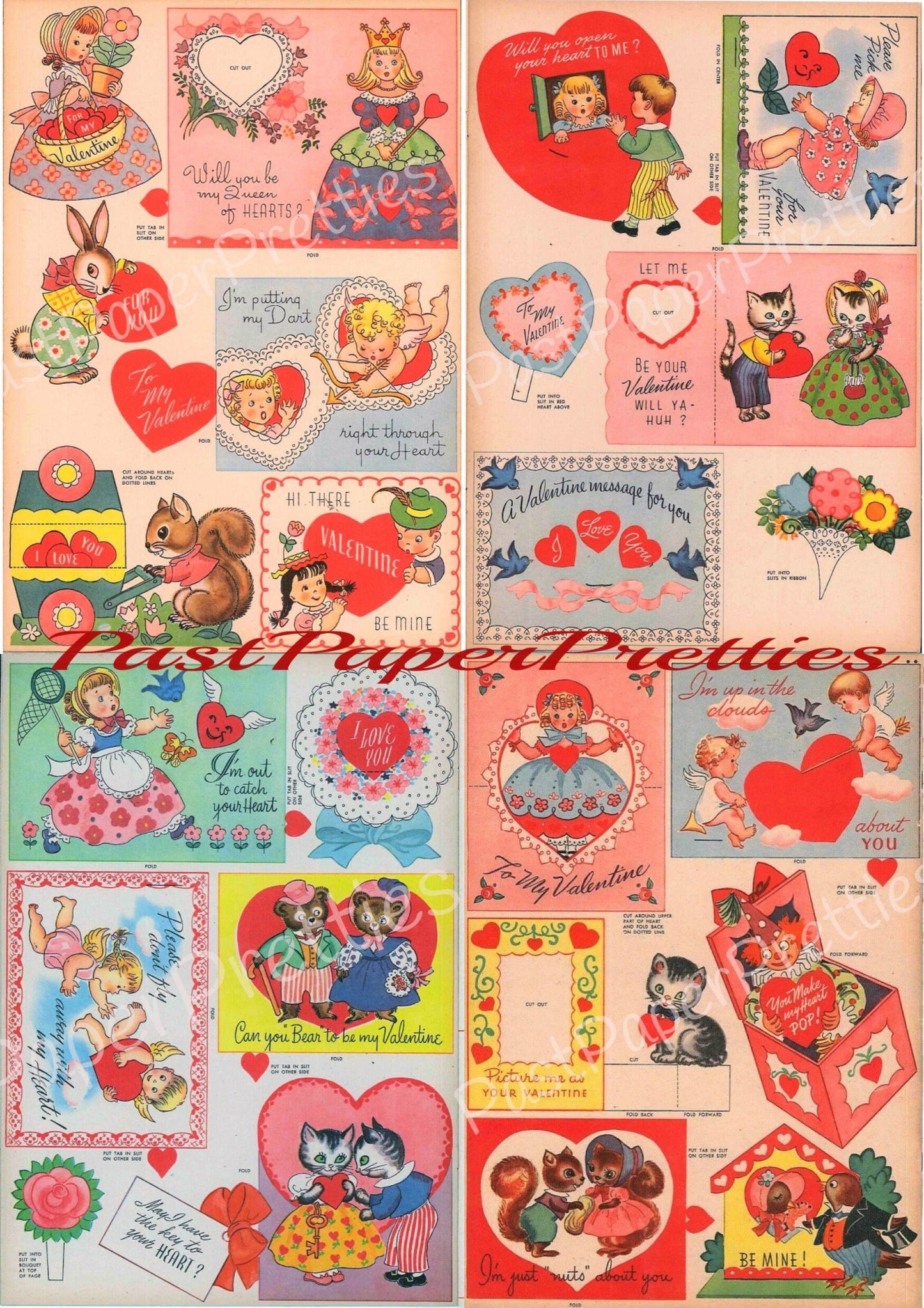 Vintage Printable Valentines Day Card Cut Out Collage Sheets Retro 1947 Whitmans PDF Instant Digital Download Cute Kitsch Girls Boys Animals