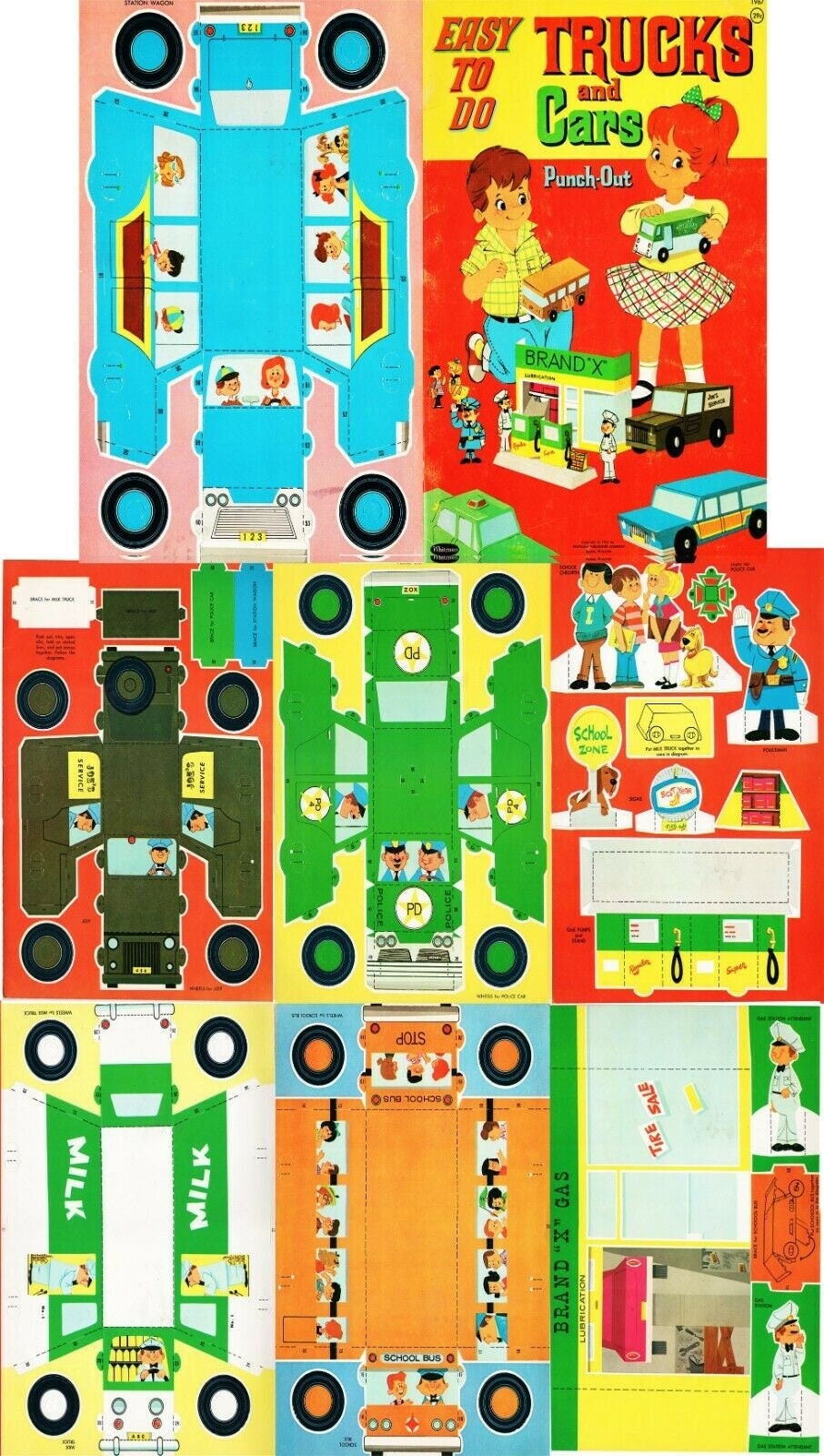 Vintage Printable Paper Trucks and Cars Punch Out Papercraft Toys 1963 PDF Instant Digital Download 3D Vehicles Gas Station Paper Playset