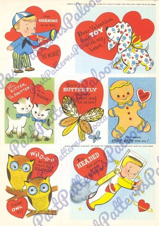 Printable Vintage 1960s Valentines Day Cards Cute Kitsch Boys Girls Anthropomorphic Animals PDF Instant Digital Download Clip Art 36 Designs