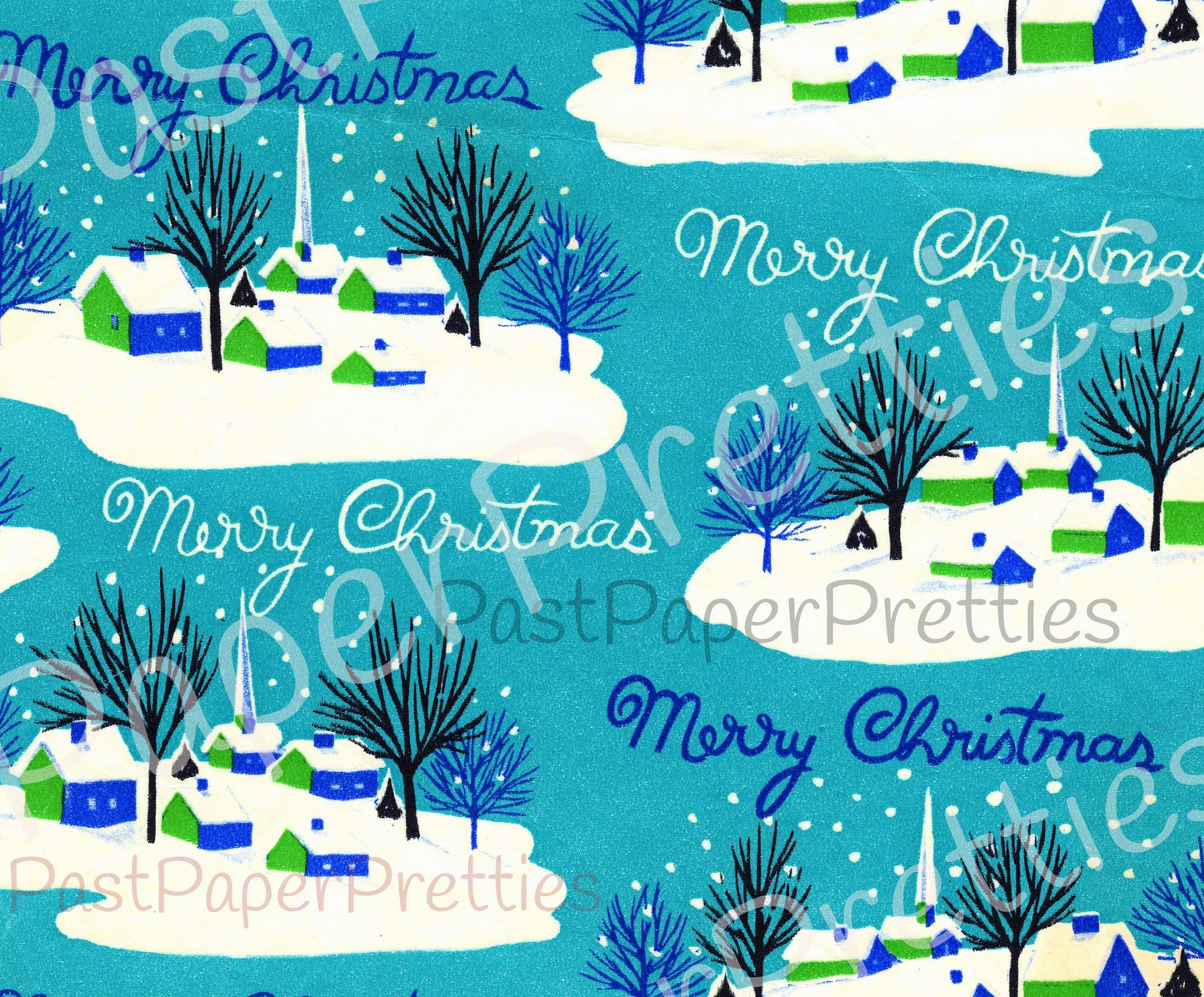 Vintage Printable Merry Christmas Gift Wrap Blue Holiday Village Scene Wrapping Paper Instant Digital Download Retro Xmas Clip Art