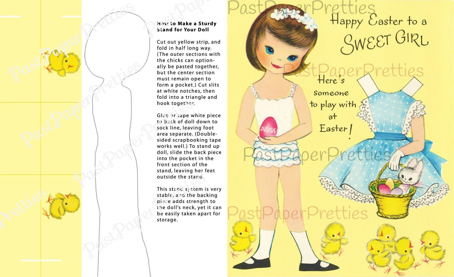 Vintage Easter Paper Doll Sweet Little Brunette Girl and her Wardrobe Folded Printable Card c. 1960s PDF Instant Digital Download JPEGs