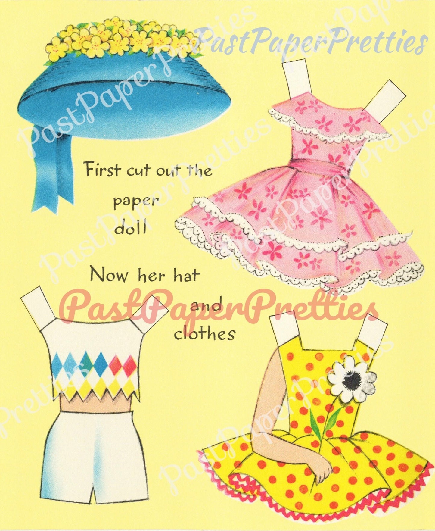 Vintage Easter Paper Doll Sweet Little Brunette Girl and her Wardrobe Folded Printable Card c. 1960s PDF Instant Digital Download JPEGs