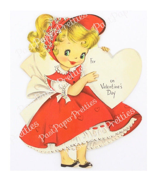 Vintage Printable Valentine Card Cute Coy Pretty Little Girl Image Red Dress Bonnet c. 1950s Instant Digital Download 300 dpi